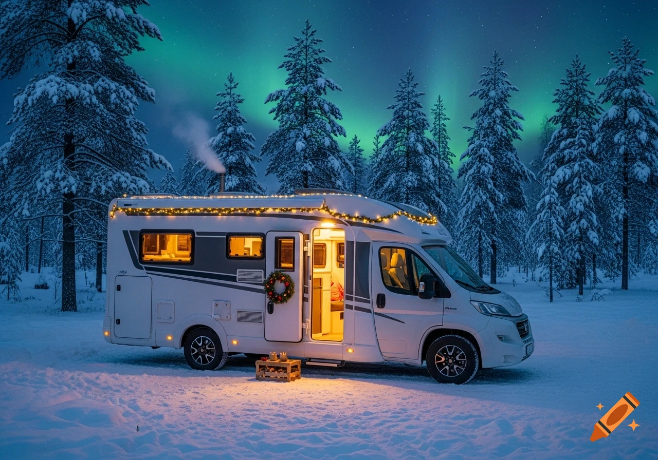 A white camper van adorned with Christmas lights in a snowy forest at night, illuminated by the Northern Lights.
