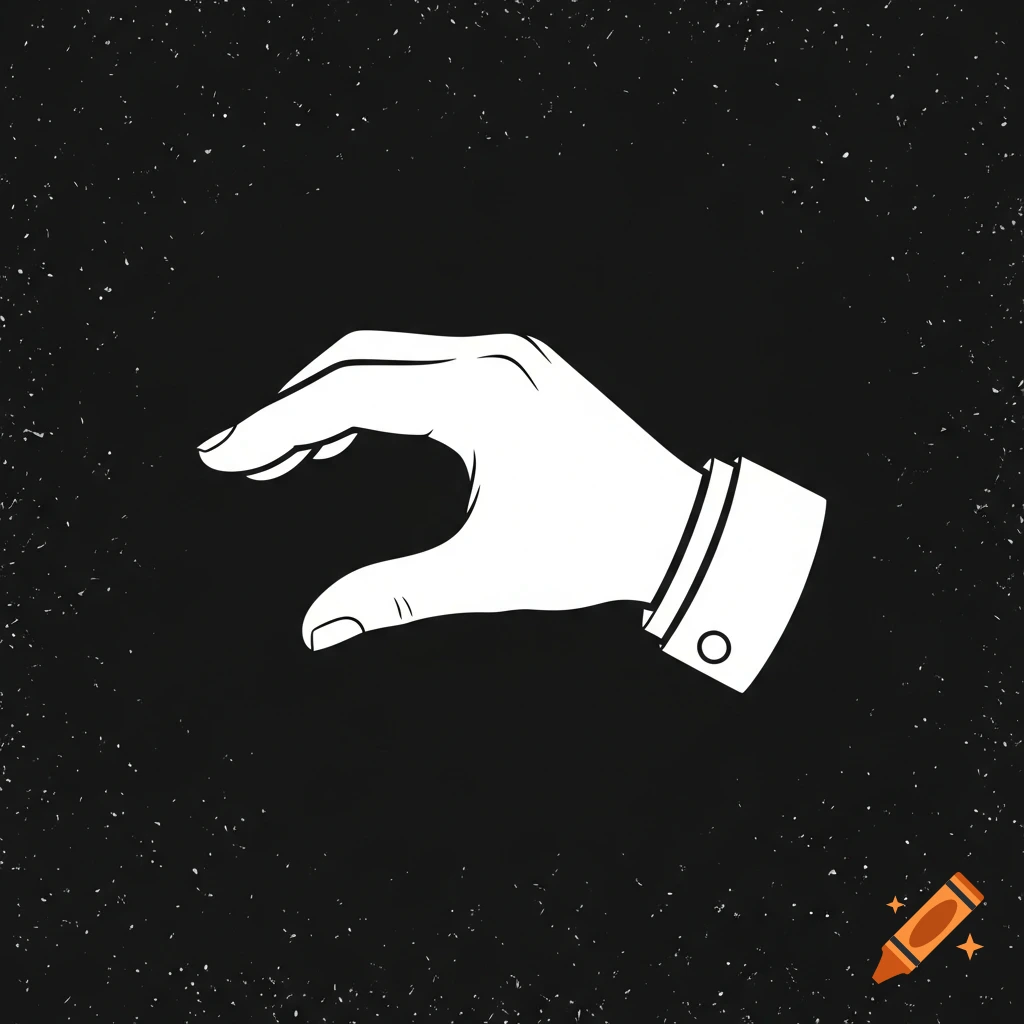 A white stylized hand, forming a partial C-shape, against a textured black background.