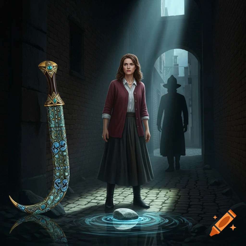 A woman stands in a dark, narrow alley with a large ornate dagger nearby. A shadowy figure lurks in the background, and a glowing stone creates ripples in a puddle.