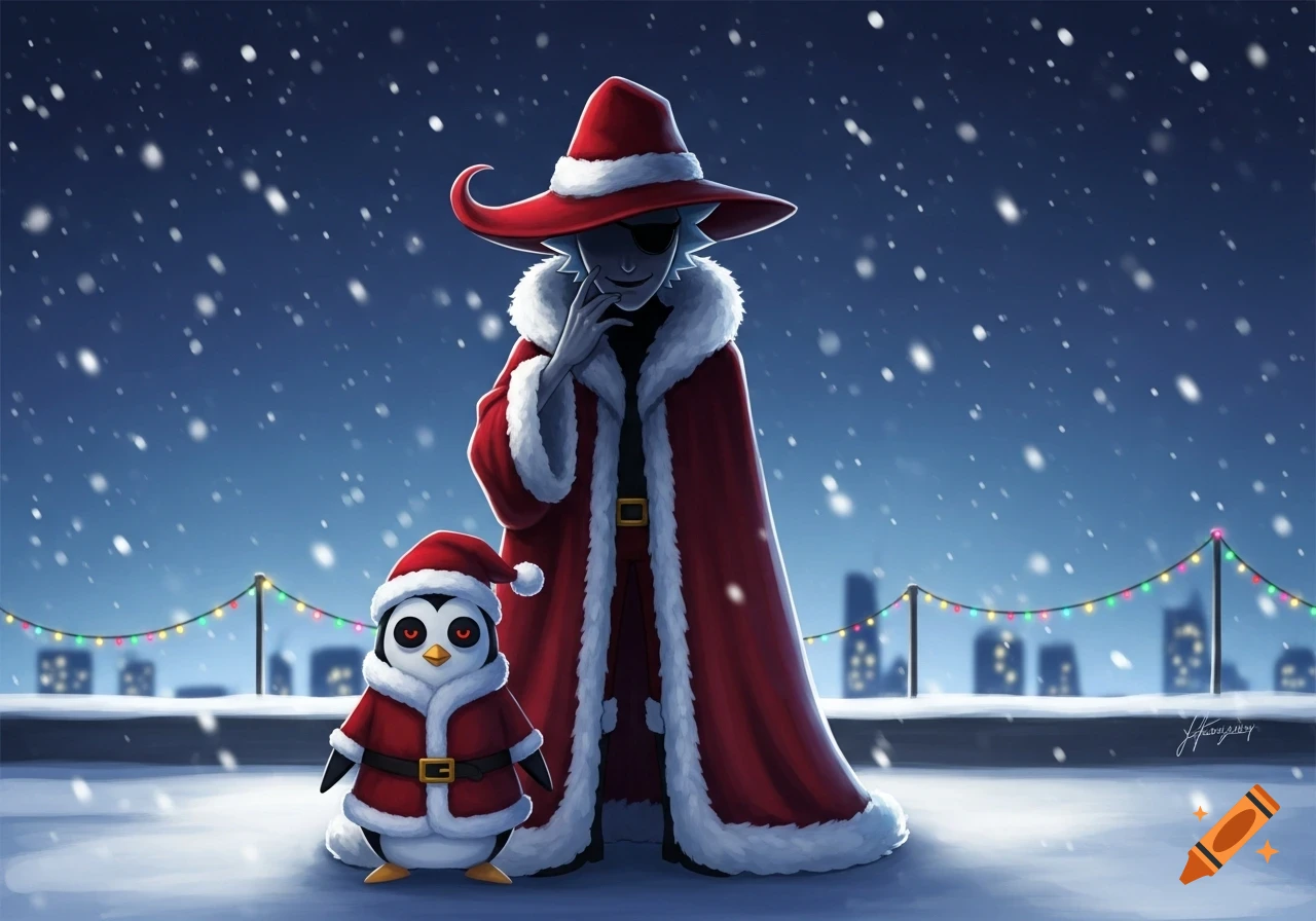 Evil Morty and a penguin in Santa suits stand on a snowy rooftop under falling snow.