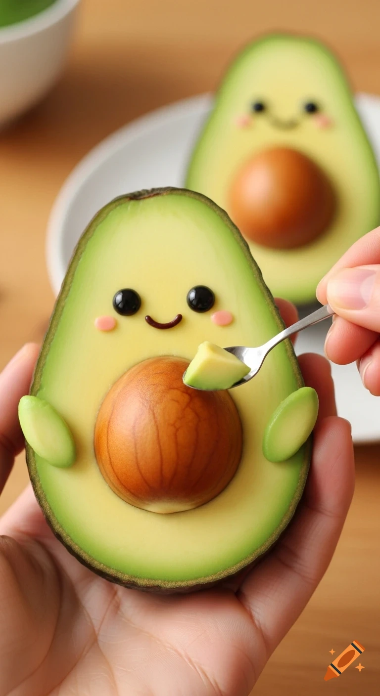 A hand feeds a spoonful to a kawaii avocado character with a smiling face; another smiling avocado is in the background. Photorealistic macro shot.
