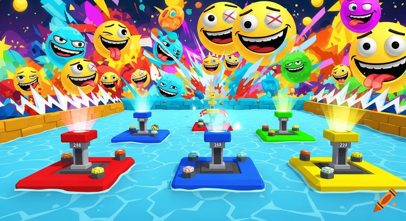 A colorful, chaotic game scene with red, blue, green, and yellow team bases in a water arena, with a background full of goofy cartoon faces, abstract shapes, and neon colors in a low-poly style.