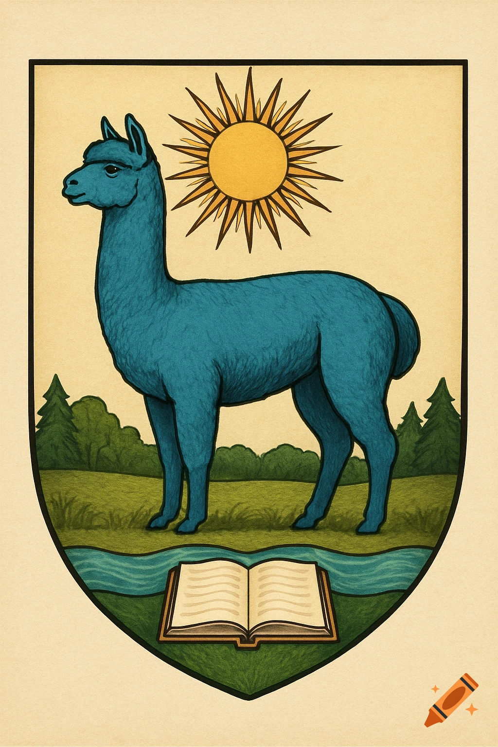 A stylized coat of arms with a blue alpaca, a radiant sun, a green landscape, and an open book.