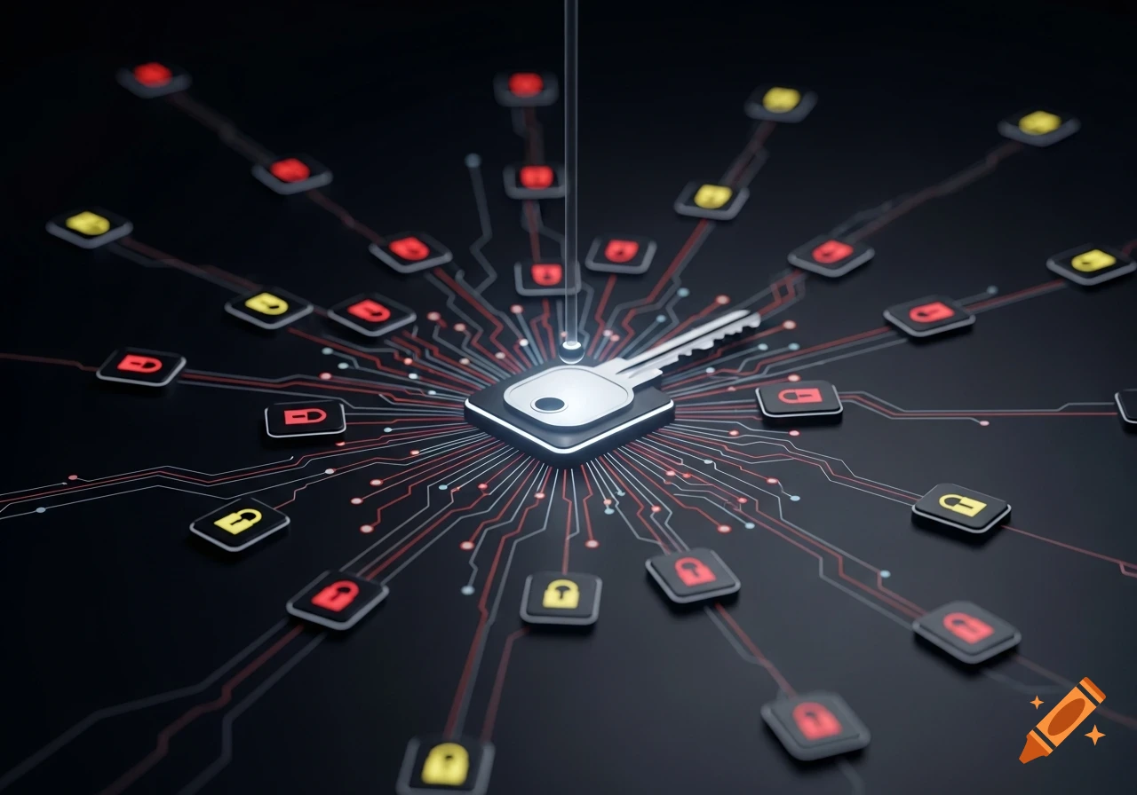 Abstract high-tech illustration of a silver key on a central node connected by circuits to many red closed and yellow open lock icons on a dark background.