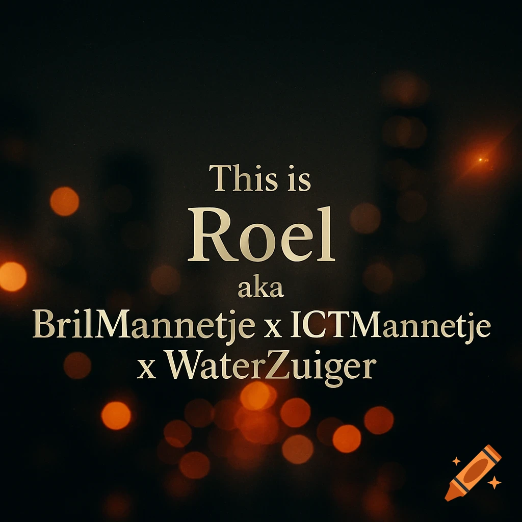 A cinematic title card with 'This is Roel aka BrilMannetje x ICTMannetje x WaterZuiger' in gold text on a dark bokeh background.