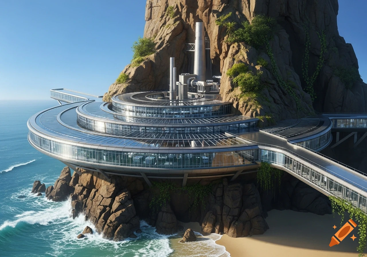 A futuristic, circular factory building integrated into a rocky outcropping above a sandy beach and blue ocean.