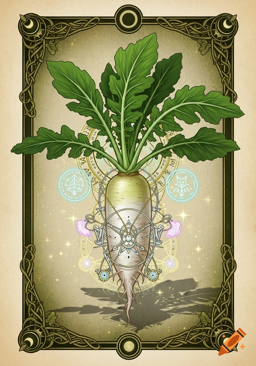 A stylized tarot card features a white radish with green leaves, surrounded by glowing magical symbols and an ornate celtic knot border.