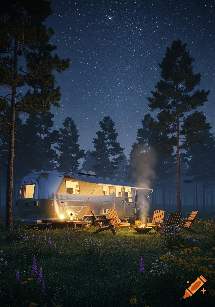 A photorealistic image of a shiny silver travel trailer parked in a forest clearing at night, with a campfire and chairs.