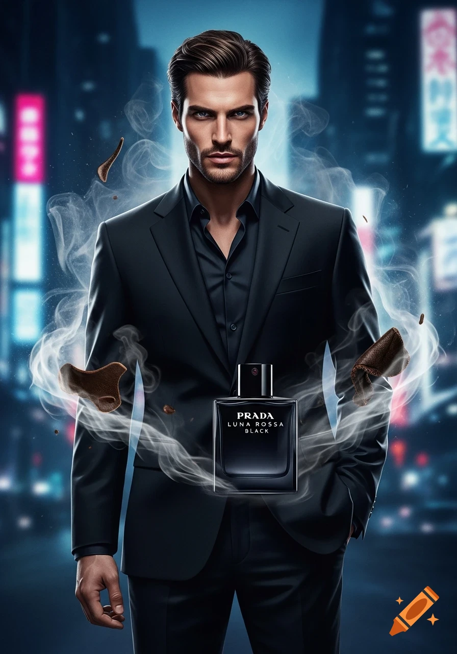 Photorealistic image of a handsome man in a black suit with a Prada Luna Rossa Black perfume bottle, surrounded by smoke and abstract elements, in a night city.