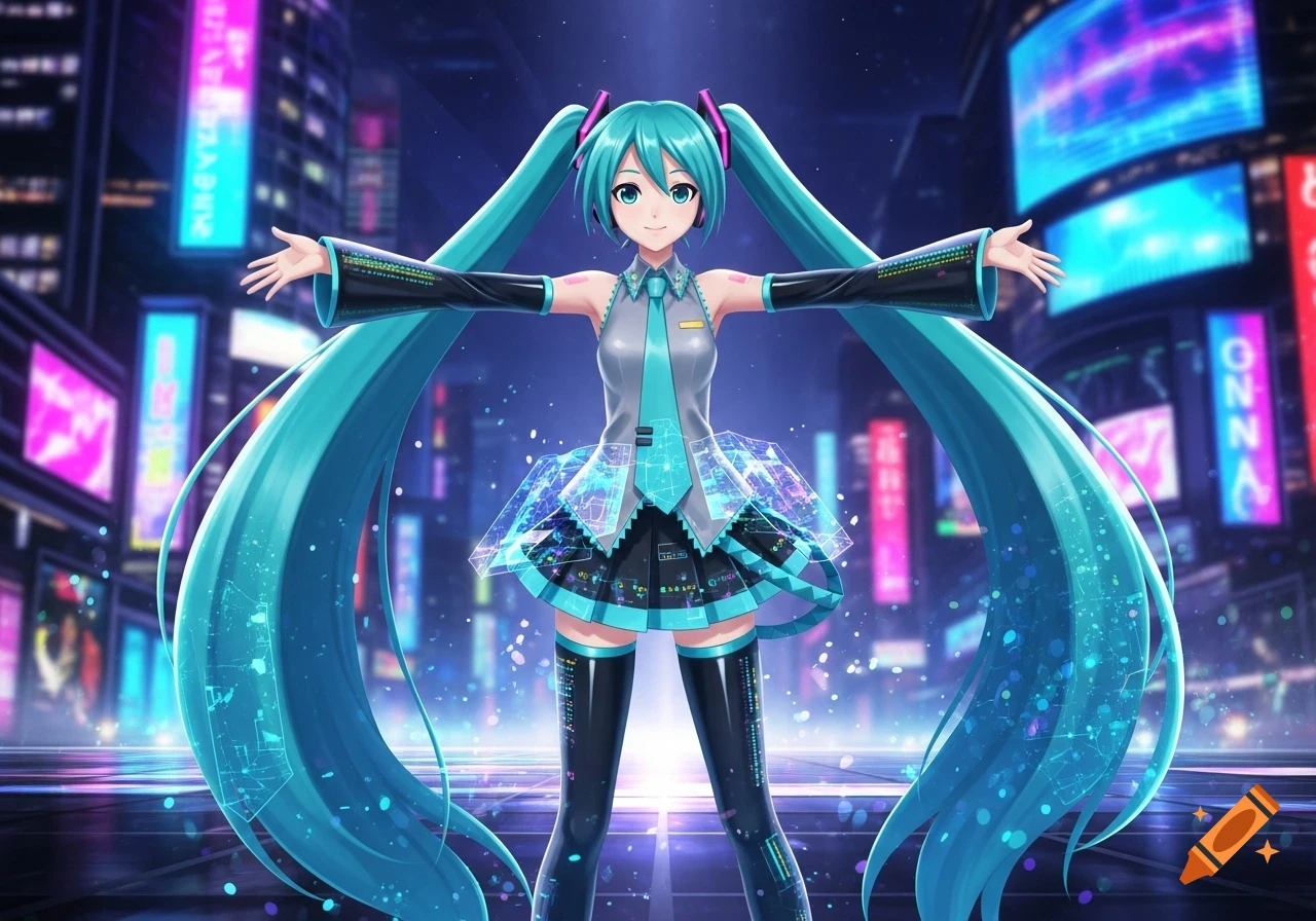 Hatsune Miku stands in a futuristic, neon-lit city, arms outstretched, wearing her iconic teal and black outfit. The background is blurred with bright, digital-style lights.
