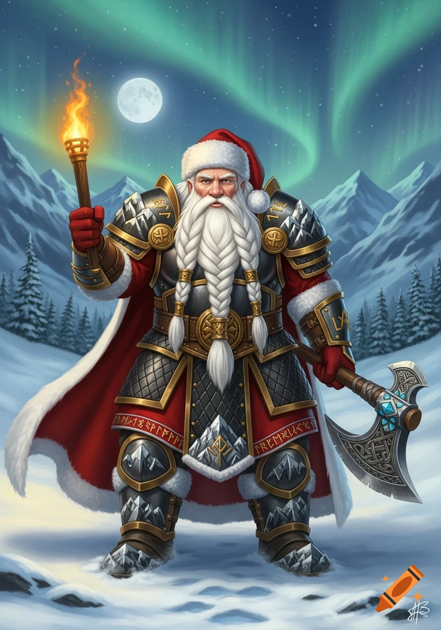 A stoic dwarven Santa Claus warrior in elaborate armor and a Santa hat, holding a flaming torch and a runic axe, stands in a snowy mountain landscape under the aurora borealis.