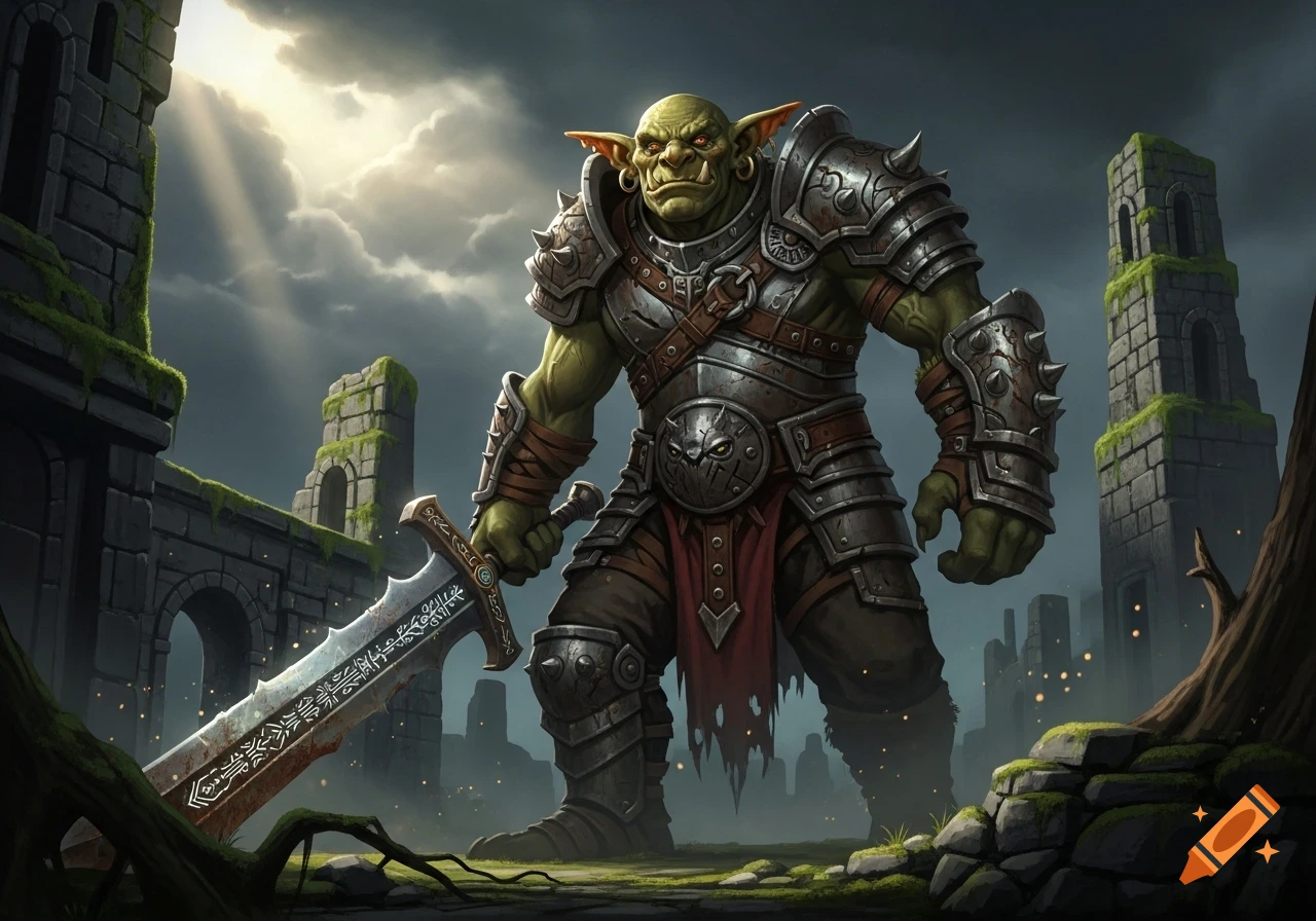 A large green goblin warrior in detailed armor stands with a sword among mossy ruins under a dramatic, sunlit sky, digital painting.