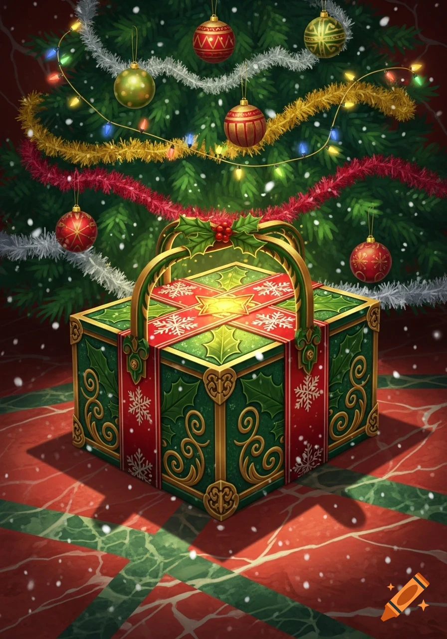 A festive green and red Christmas gift box with gold trim, holly, and snowflakes, glowing under a decorated Christmas tree with falling snow.