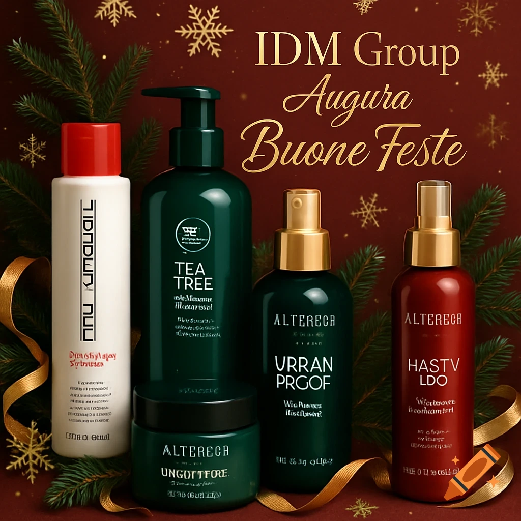 An assortment of green, white, and red hair care product bottles and jars, with golden ribbons, pine branches, and snowflakes against a red background. The text "IDM Group Augura Buone Feste" is visible.