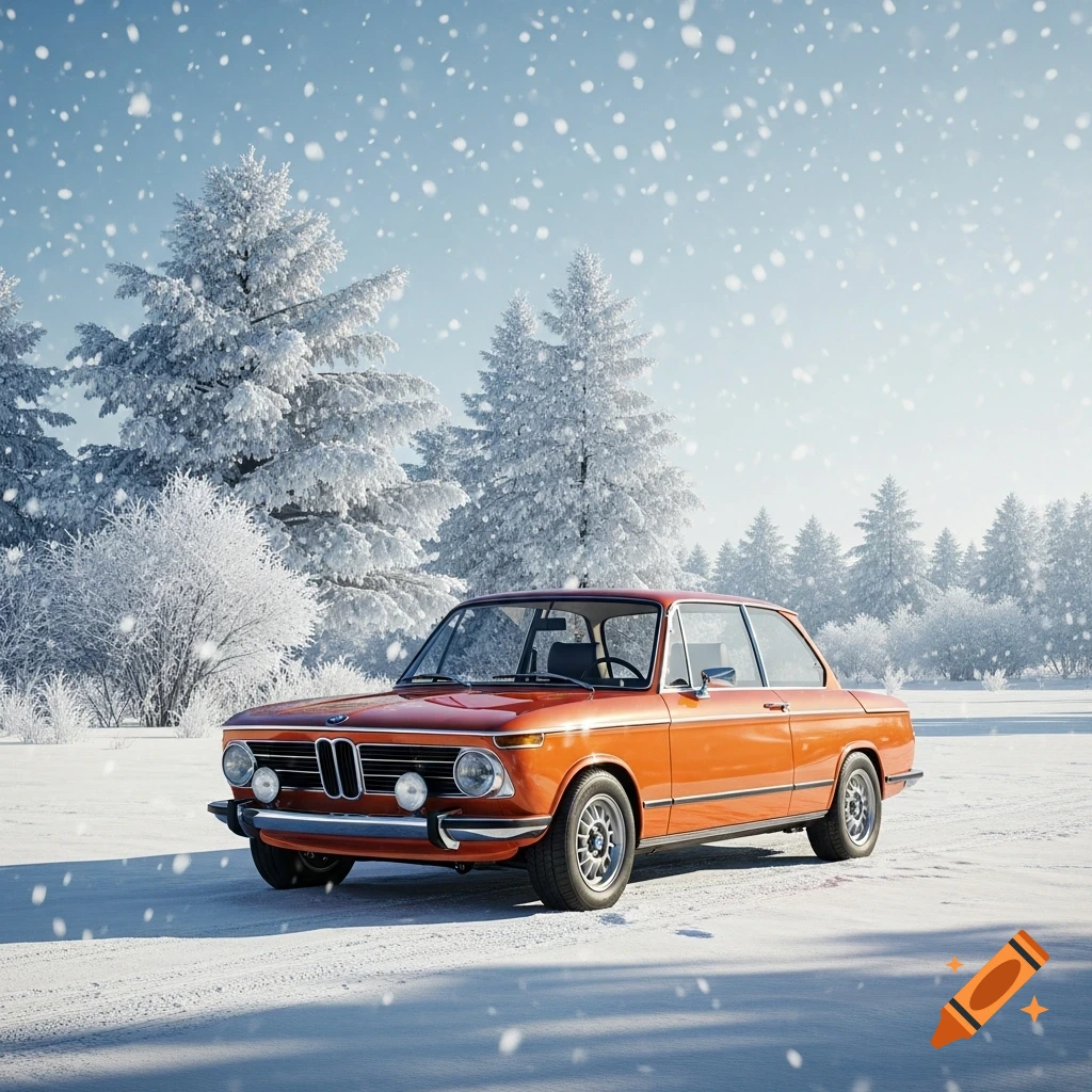 A vintage orange BMW 2002 car parked in a snowy winter landscape with snow-covered pine trees and falling snow.