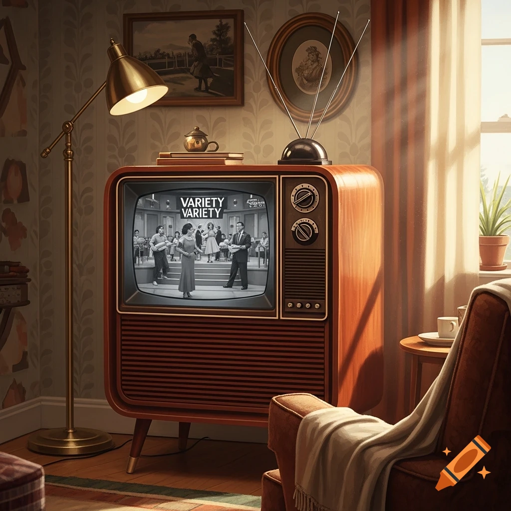 A retro 1950s television in a cozy, sunlit living room displays a black and white variety show.