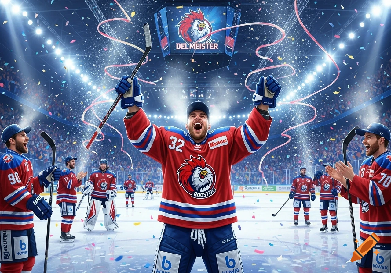 Hockey players in red and blue jerseys celebrate on an ice rink, surrounded by falling confetti under bright arena lights. A scoreboard reads "DEL MEISTER".