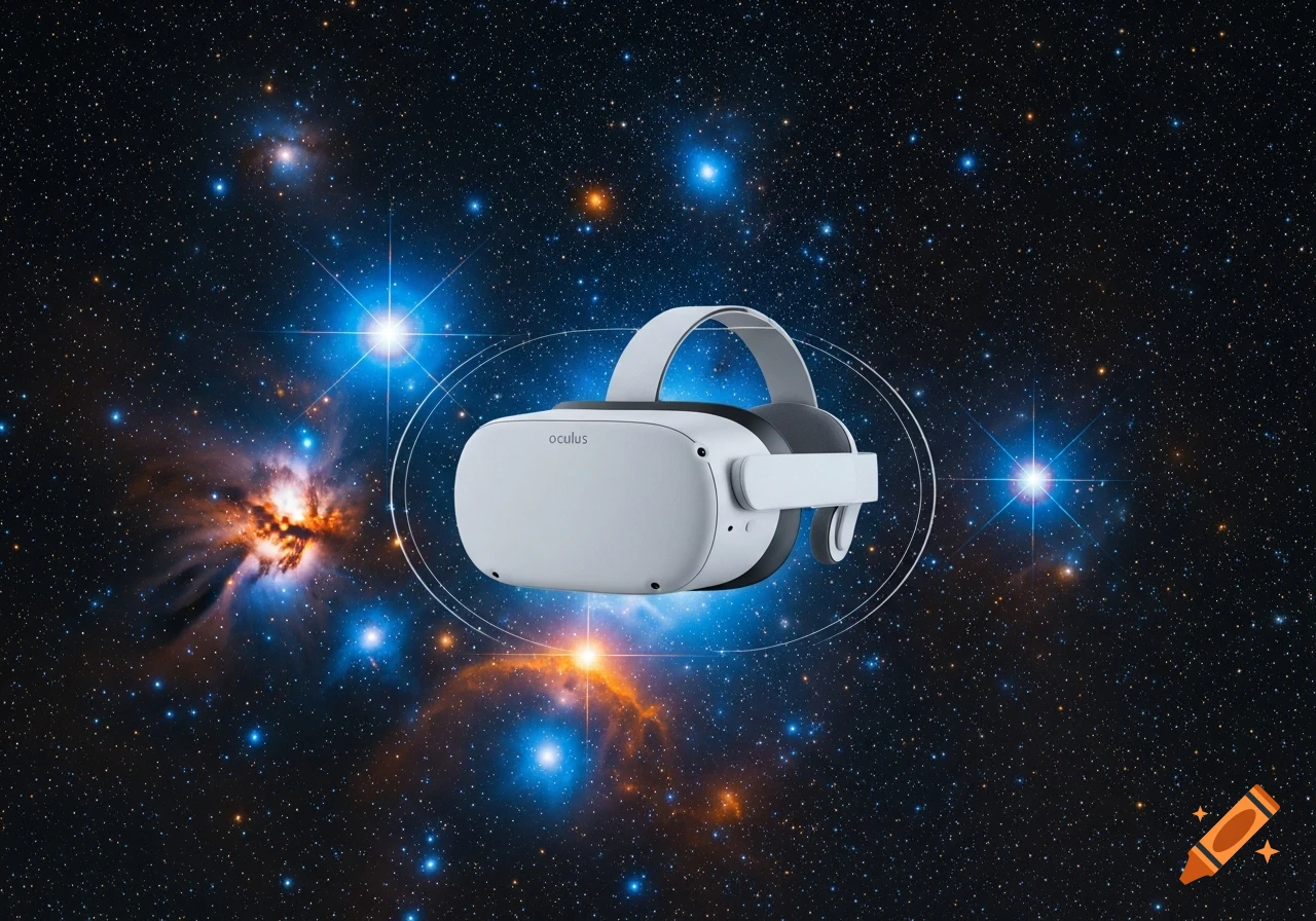 An Oculus Quest 2 VR headset floats centered against a deep space astrophotography background of a constellation with nebulae.