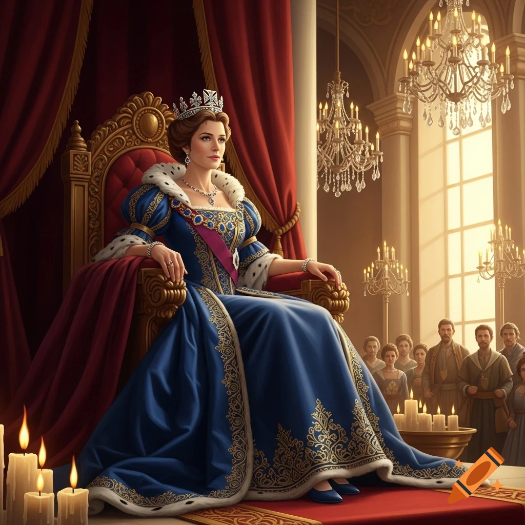 A photorealistic queen in a blue and gold gown and crown sits on an ornate throne in a grand hall with chandeliers and people in the background.