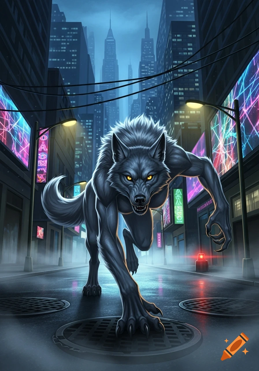 A fierce dark grey werewolf with glowing yellow eyes prowls through a neon-lit city street at night, looking directly forward.