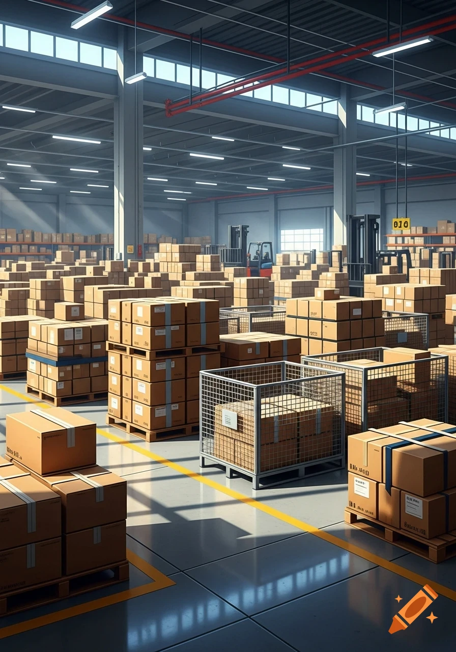 A large, brightly lit warehouse filled with stacks of cardboard boxes on wooden pallets and in metal wire mesh cages. Forklifts are in the background.