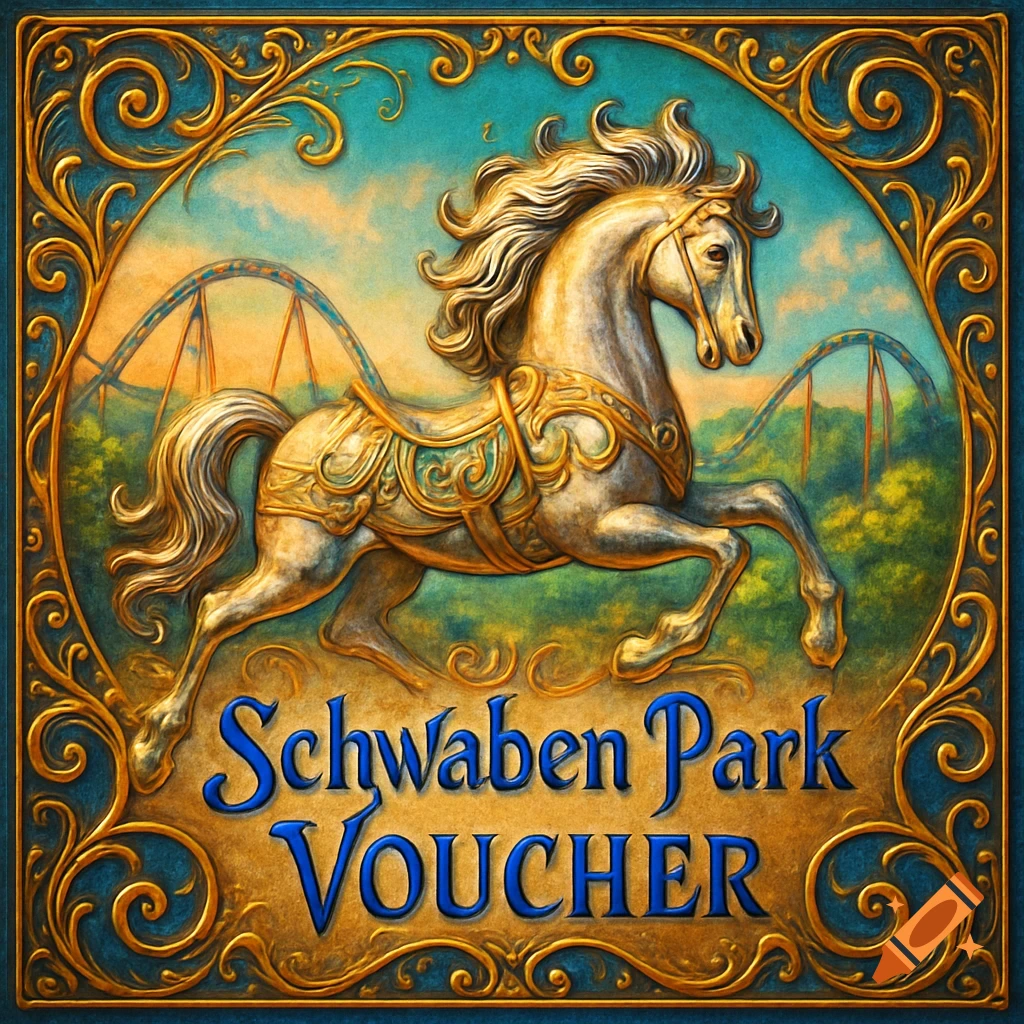 Ornate Schwaben Park voucher featuring a golden carousel horse and a roller coaster in the background, in an illustrative style.