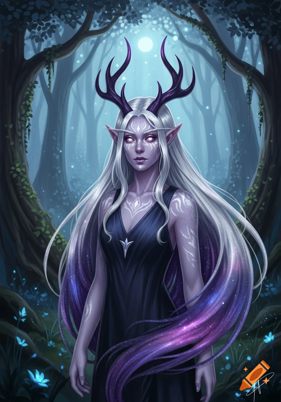 An elf-like woman with glowing eyes, silver markings, dark horns, and cosmic white-purple hair in a dark forest. Digital art.