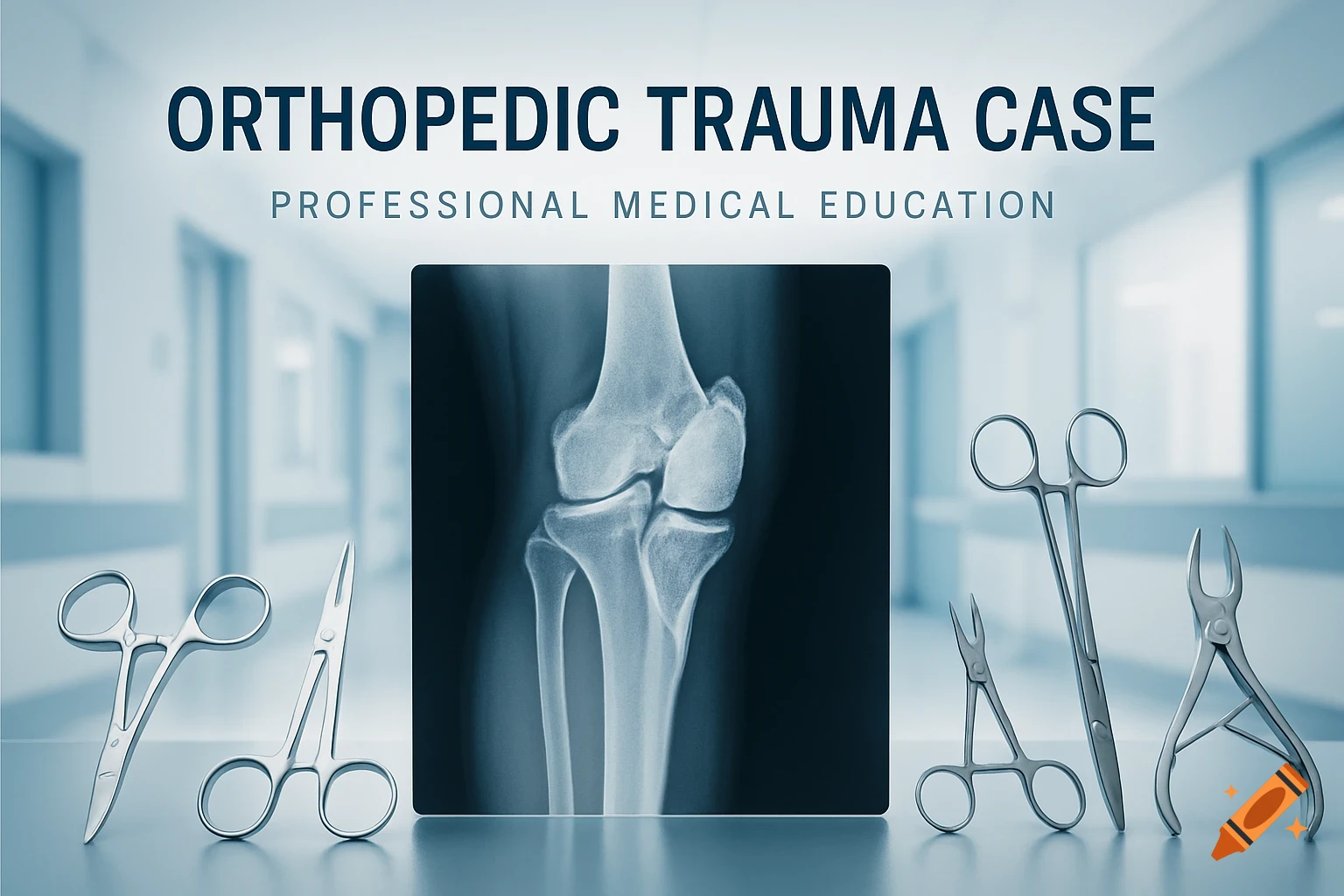 X-ray of a knee and surgical instruments on a table in a hospital hallway with text "Orthopedic Trauma Case".