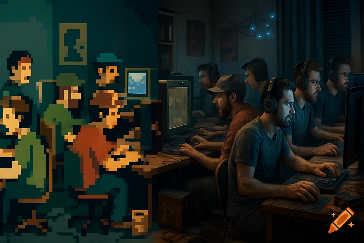 A split image showing men playing computer games; the left half is in 8-bit pixel art style, transitioning to photorealistic on the right.