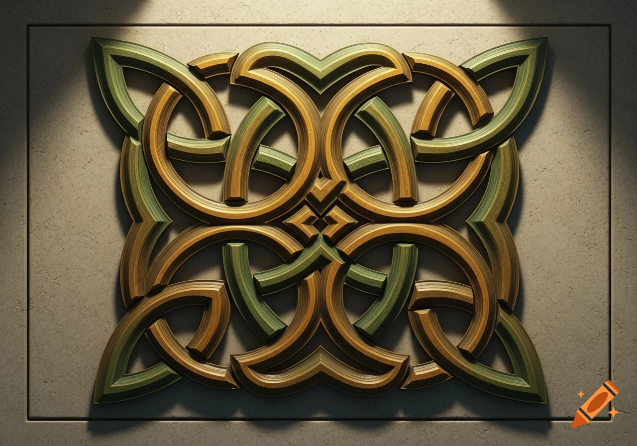 A 3D render of an intricate Celtic knot pattern, featuring intertwining gold and green elements on a textured stone background.