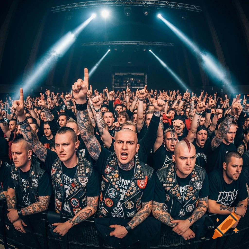 A large crowd of metal fans with many individuals sporting tattoos and punk vests, raising their fists and fingers in the air at a concert, under bright spotlights.