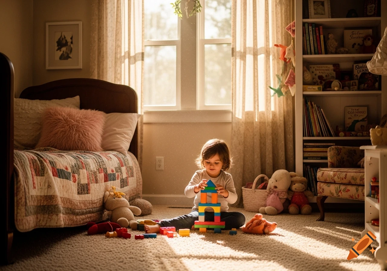 A child plays with colorful building blocks on a rug in a sunlit bedroom.