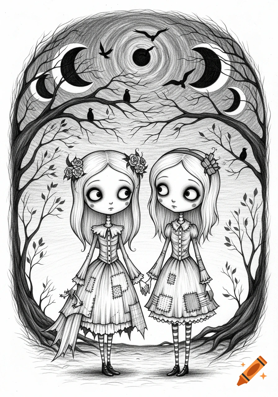 Monochrome sketch of two stylized girls holding hands, framed by gnarled trees with moons and birds, in a Tim Burton art style.