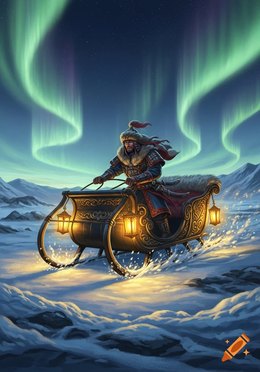 A Mongol-inspired warrior in a fur-lined sleigh with glowing lanterns speeds through a snowy landscape under a vibrant green aurora borealis.