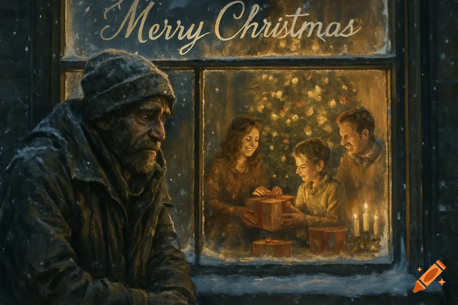 A sad homeless man looks through a snowy window at a happy family opening Christmas presents inside, in a painterly style.