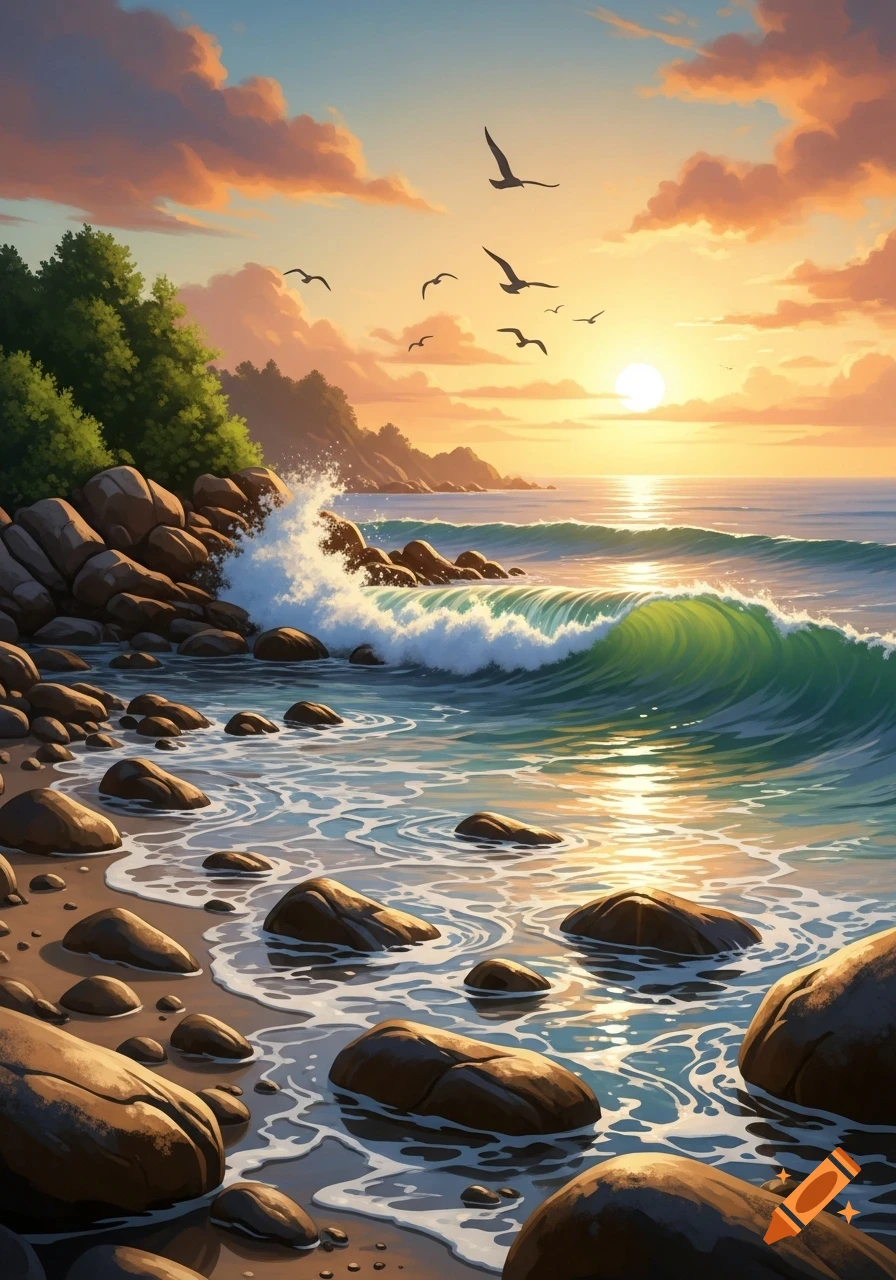 Colorful digital painting of a rocky beach at sunset, with waves ...