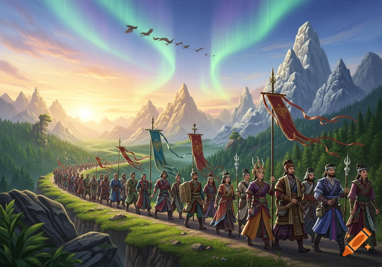A long procession of people in traditional attire marching through a lush mountain valley under an aurora-lit sky at sunset, carrying ornate banners.