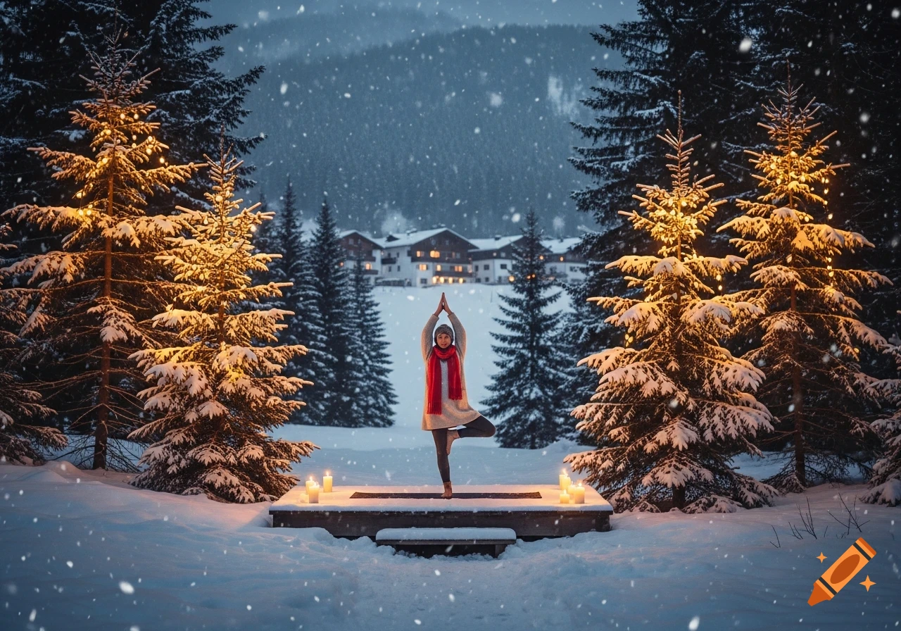 A person in winter clothes doing yoga on a platform with candles in a snowy mountain landscape framed by illuminated pine trees.