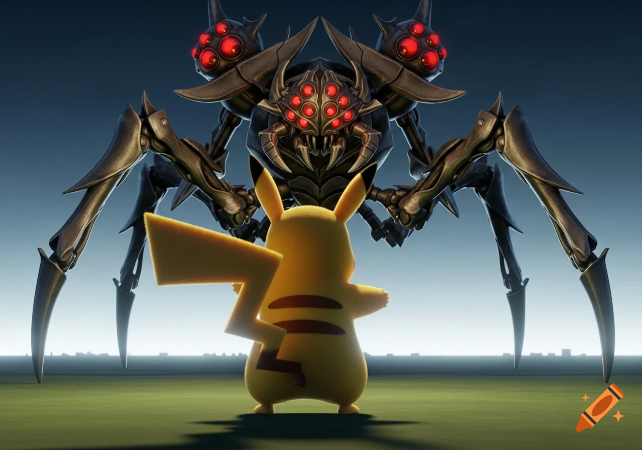 Pikachu faces a large, dark, mechanical spider-like monster with multiple red eyes against a blue sky.