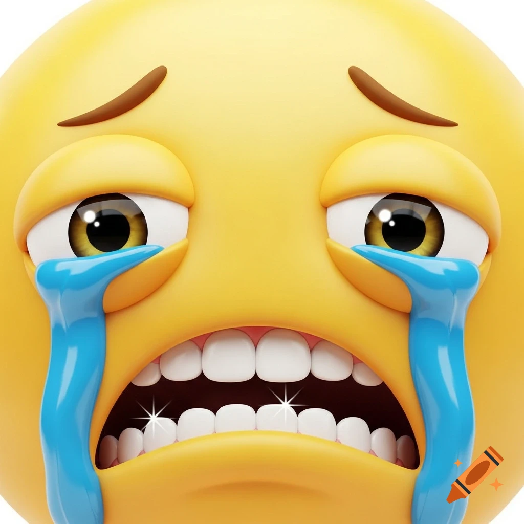 A close-up, exaggerated 3D crying emoji with wide-open eyes, visible teeth, and large blue tears streaming down.