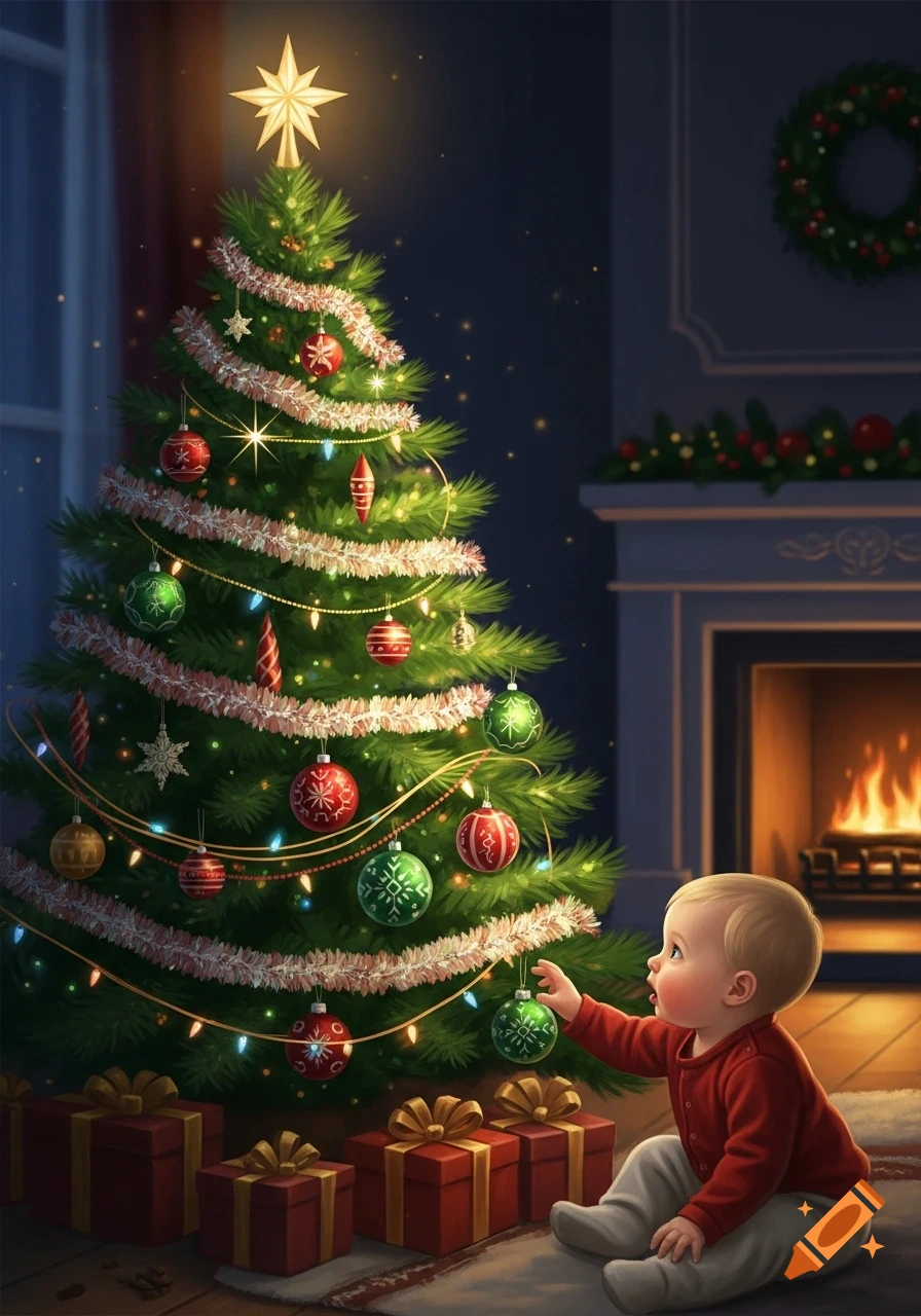 A baby in a red shirt sits on a rug, reaching for a green ornament on a brightly lit Christmas tree next to wrapped presents and a fireplace.