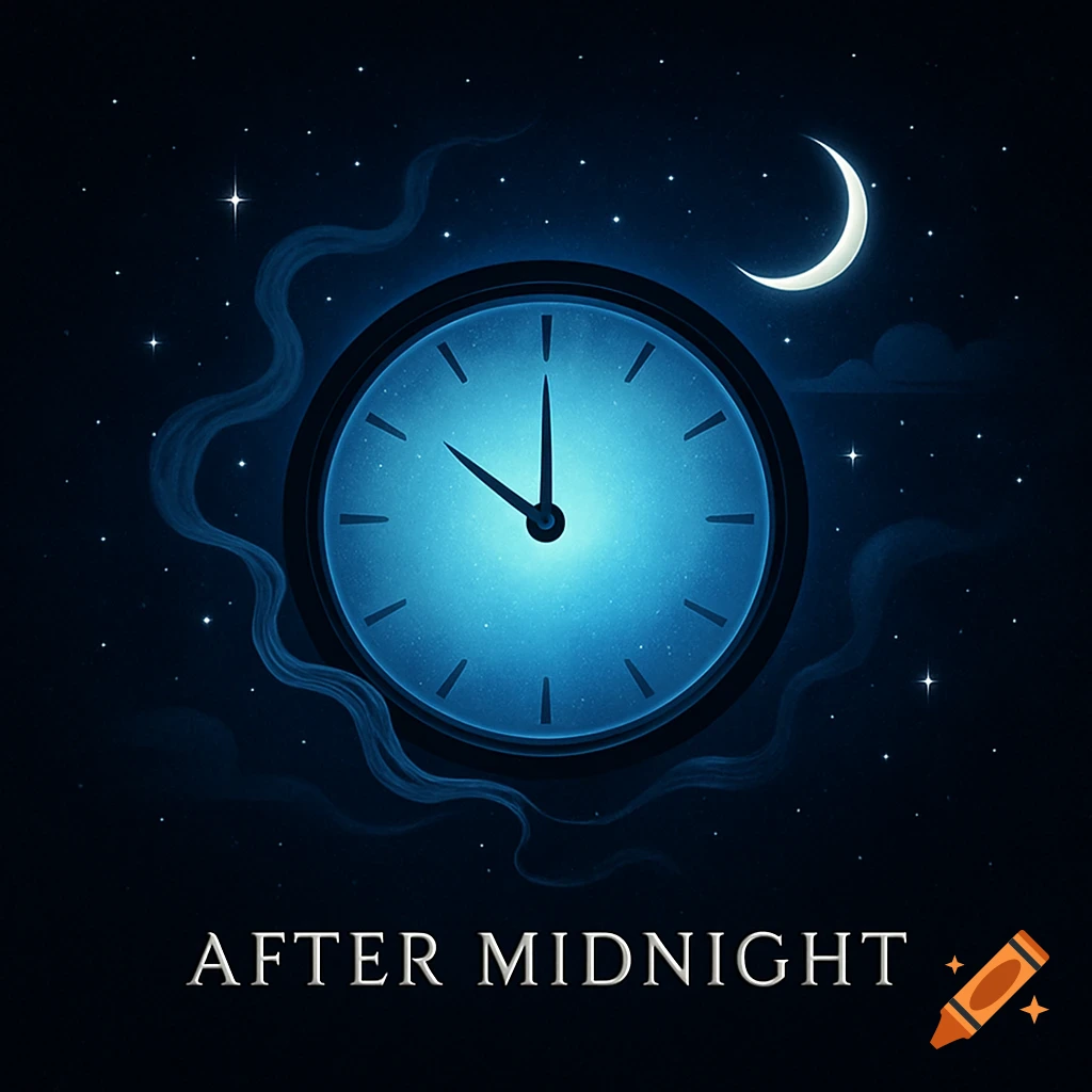 An illustration of a clock glowing blue in a starry night sky with a crescent moon, with text 'AFTER MIDNIGHT'.
