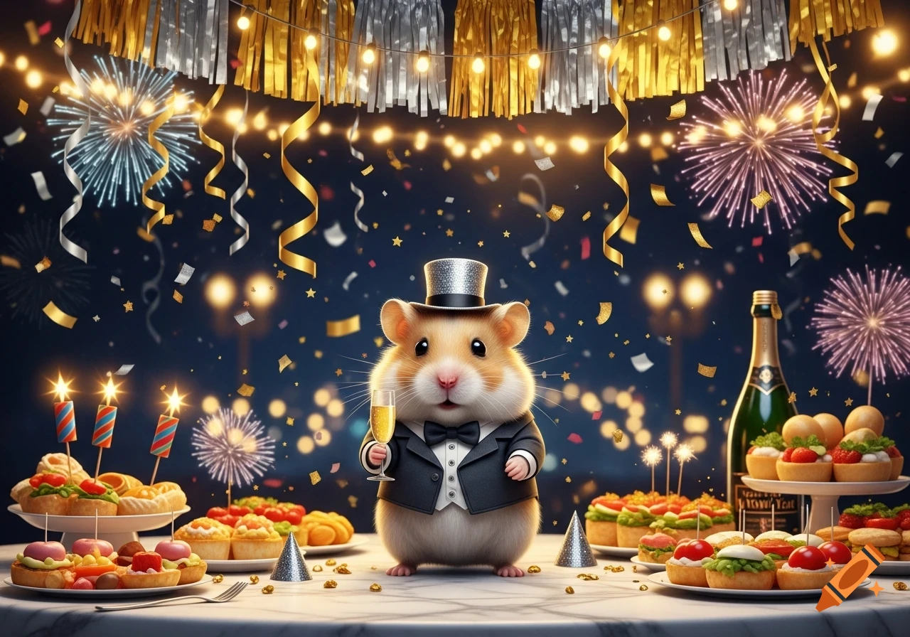 A cute hamster in a tuxedo and top hat holds a champagne flute at a festive New Year's Eve party with fireworks, confetti, and appetizers.