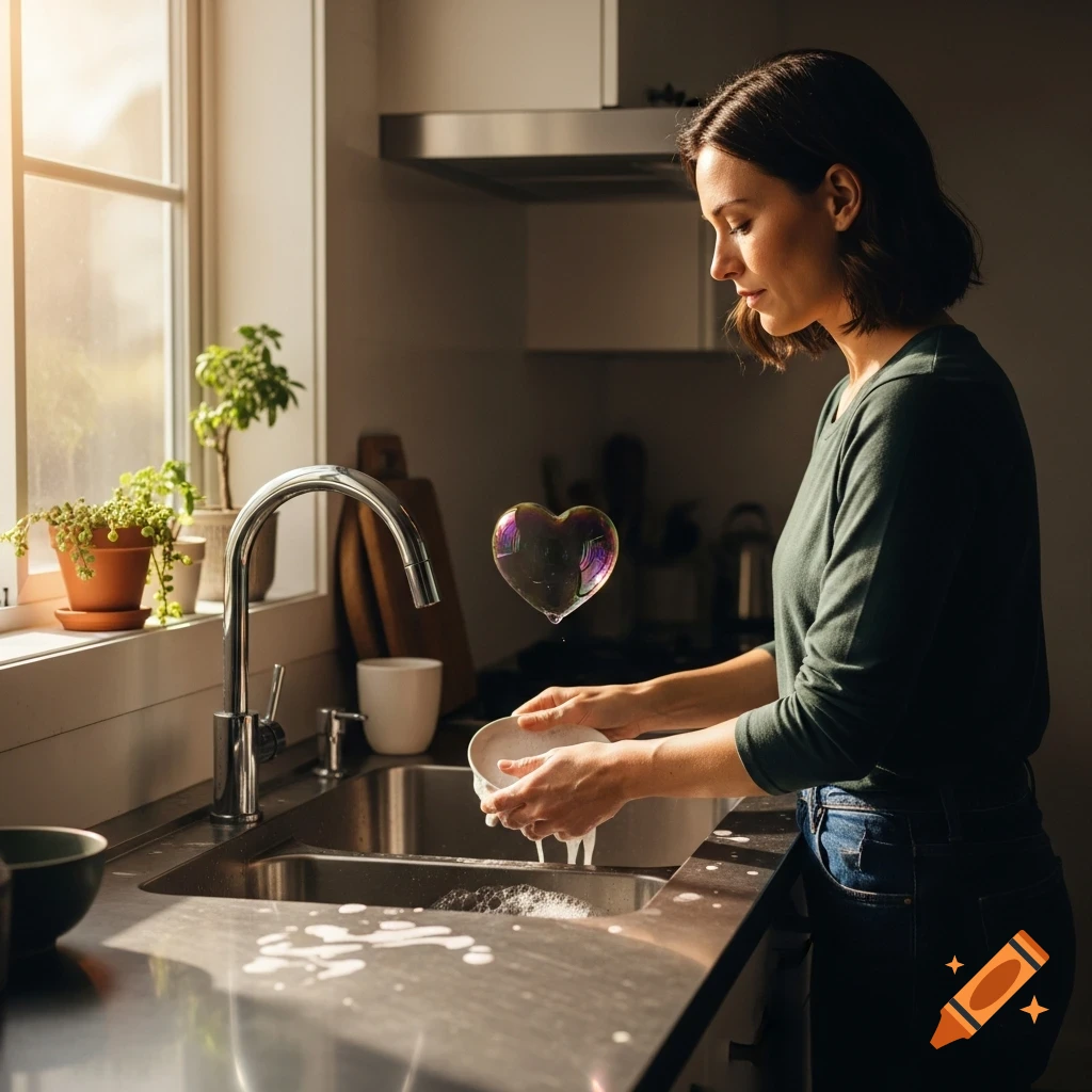 A woman washes dishes in a sunlit kitchen sink, with a heart-shaped soap bubble floating above.