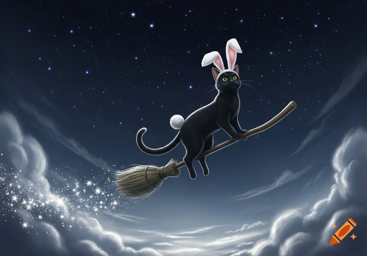 A black cat with bunny ears and tail flies on a broomstick through a starry night sky with clouds.