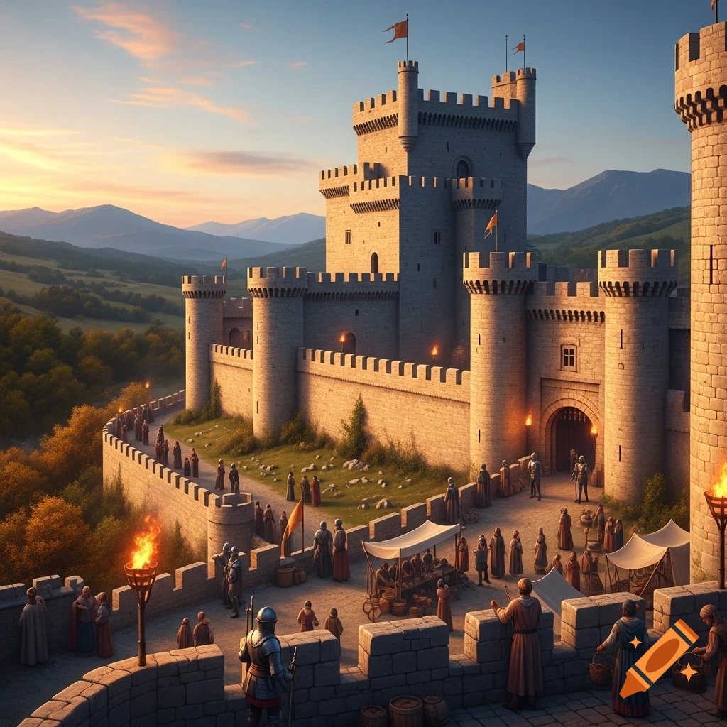 Photorealistic image of a grand medieval castle at sunset with a bustling market and people outside its walls, surrounded by rolling hills.