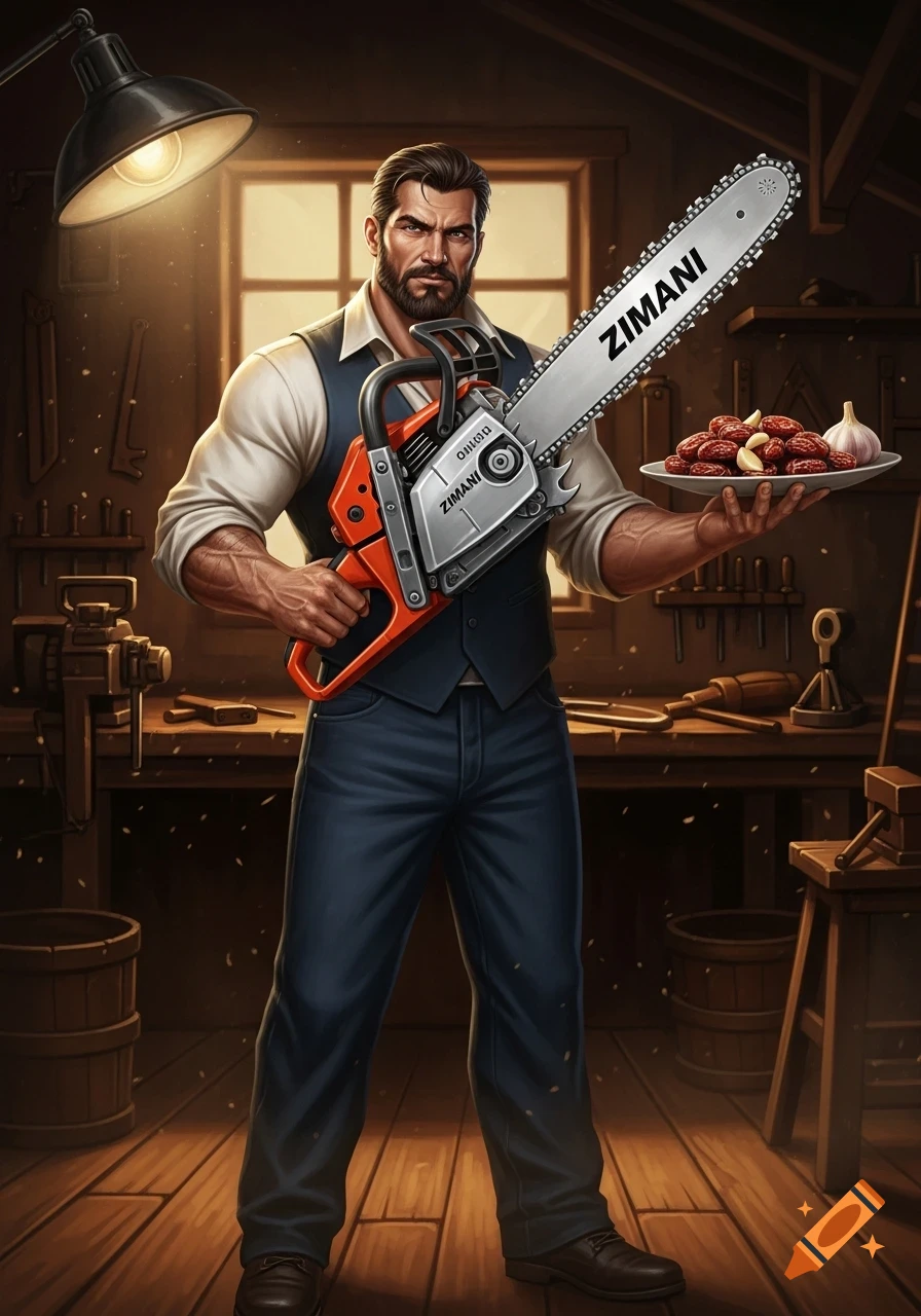 A muscular man with a beard and vest proudly holds a chainsaw with 'ZIMANI' on it, and a plate of dates and garlic, in a workshop.