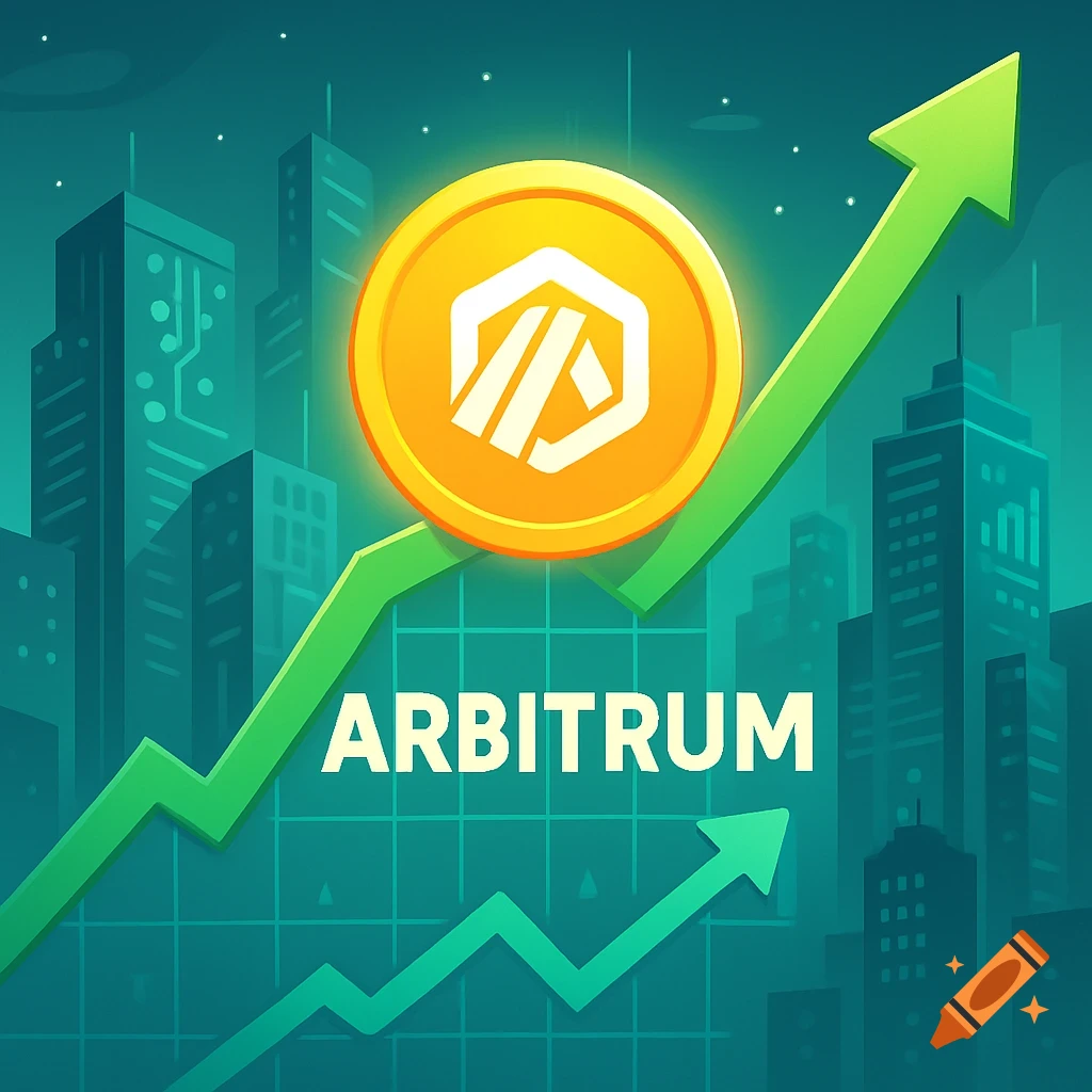 Cartoon infographic of Arbitrum crypto rising, with a green upward chart, ARB logo, and a futuristic city background.