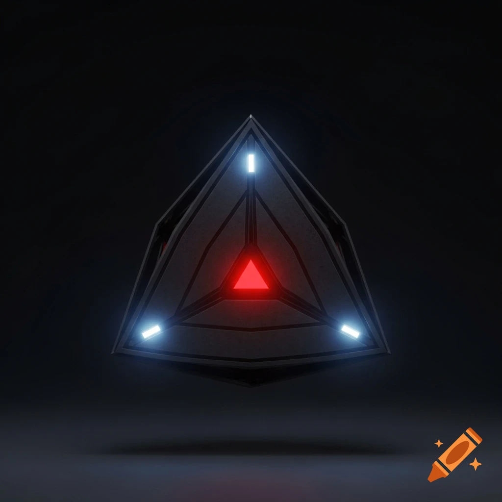 A dark, geometric, pyramidal object with a glowing red triangle in the center and three bright white lights on its corners, floating above a reflective surface.