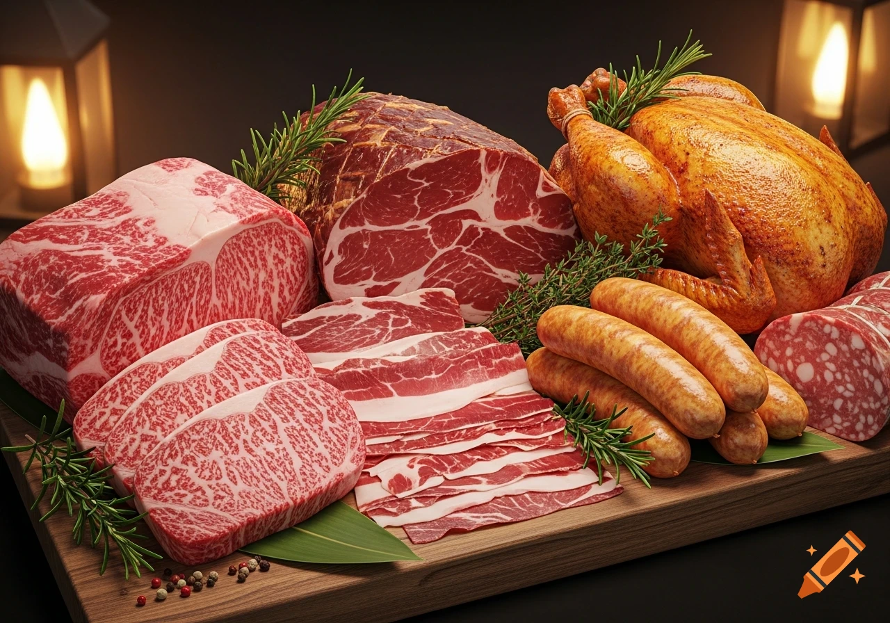 A bountiful display of raw and cooked meats, including wagyu beef, bacon, sausages, a whole roasted chicken, and salami, garnished with herbs on a wooden board.